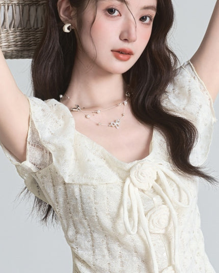 French Style Three-dimensional Flower Strap Short Sleeve