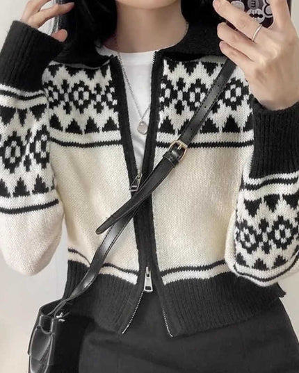 Lapel Contrast Color Jacquard Long Sleeve Zipper Sweater Coat For Women