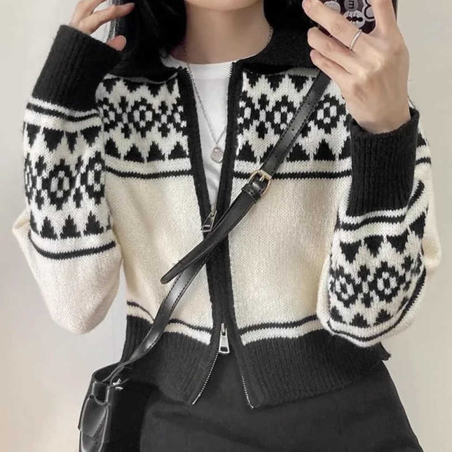 Lapel Contrast Color Jacquard Long Sleeve Zipper Sweater Coat For Women