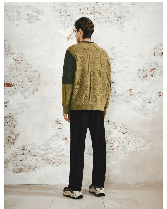 Men's Retro Casual Contrast Color Patchwork Round Neck Knitwear
