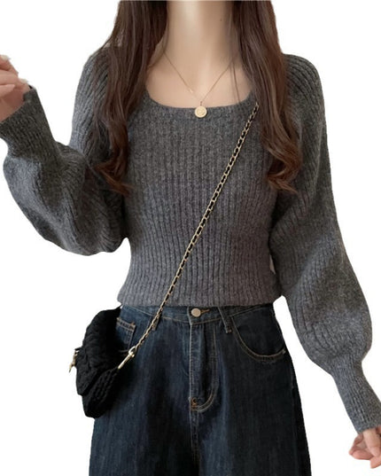 Western Style Low Collar Long Sleeves Top Slim-fit Sweater