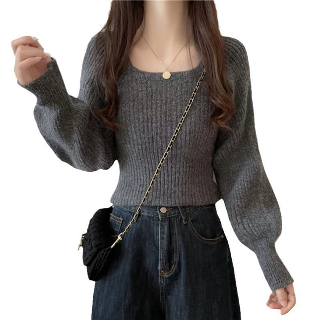 Western Style Low Collar Long Sleeves Top Slim-fit Sweater