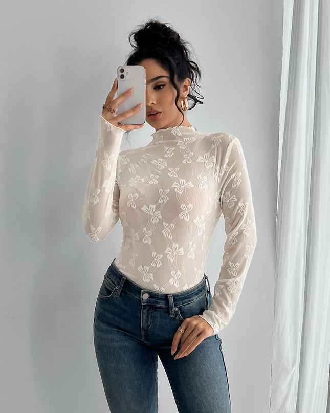 Butterfly Jacquard Mesh Slim Fit Stand-up Collar Long-sleeved