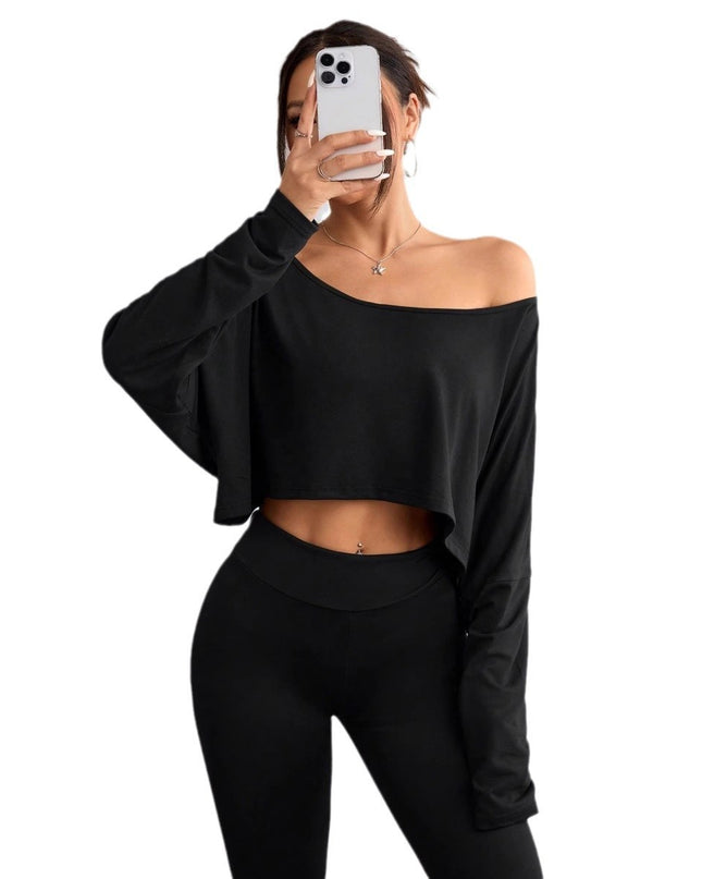 Solid Color Shoulder Long Sleeve Loose-fitting Cropped Top