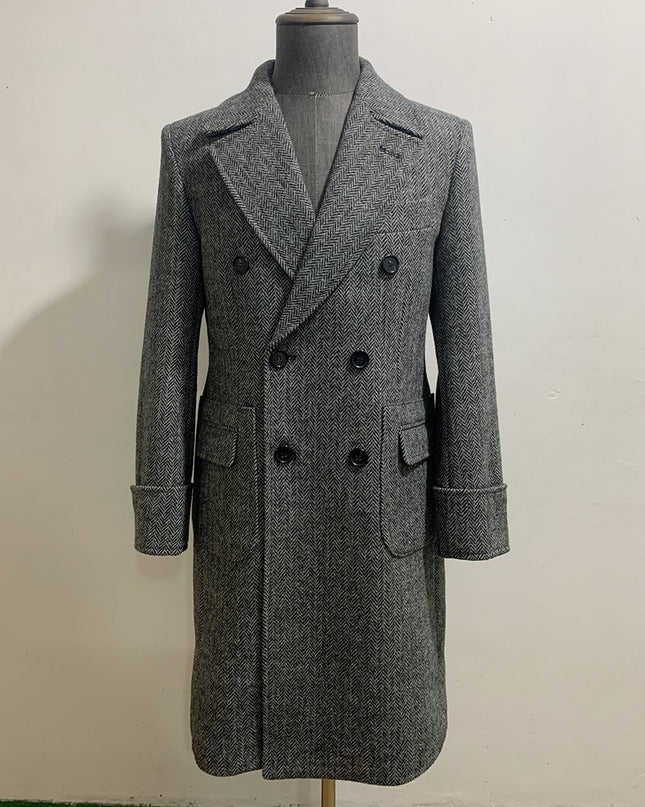 Polo Double Breasted Slim Vintage Tweed Men's Long English Wool Lapel Herringbone Coat