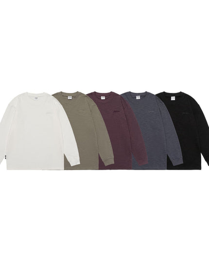 Pure Color Slub Cotton Long Sleeve T-shirt Simple Embroidered Crew Neck Cotton Base Shirt
