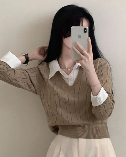 Korean Style Blouse Collar Stitching Fake Two-piece Knitted Sweaters