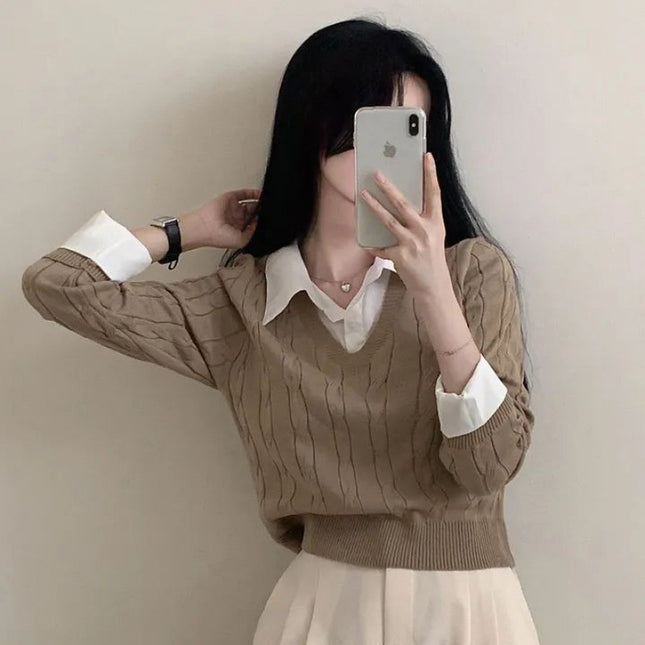 Korean Style Blouse Collar Stitching Fake Two-piece Knitted Sweaters
