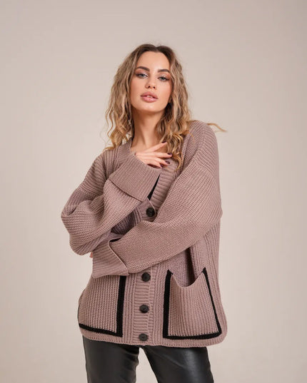 Loose-fitting V-neck Pocket Contrast Color Knitted Cardigan Sweater Coat