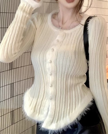 Women's Square Collar Stitching Edging Knitted Cardigan Autumn Winter Coat
