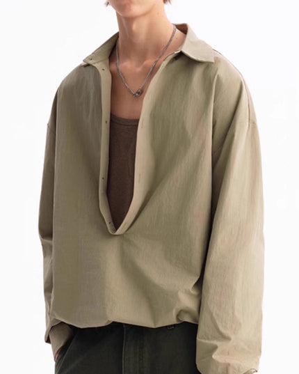 Green Leisure Commute Deep V Elastic Lower Hem Loose Long Sleeve