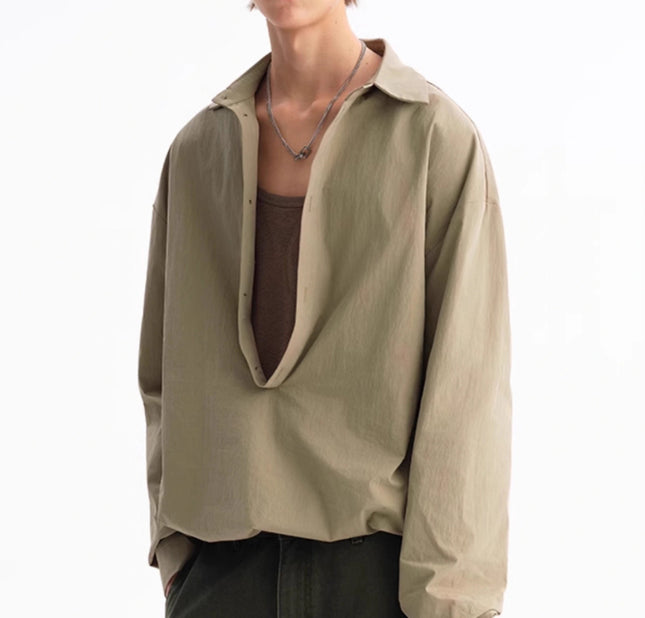 Green Leisure Commute Deep V Elastic Lower Hem Loose Long Sleeve