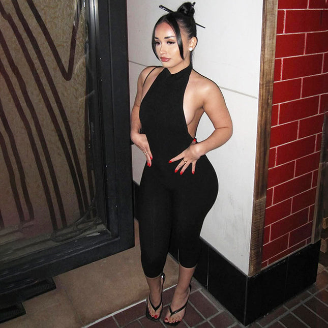 Women's Solid Color Sleeveless Halter Backless Sexy Slim Fit Bodysuit