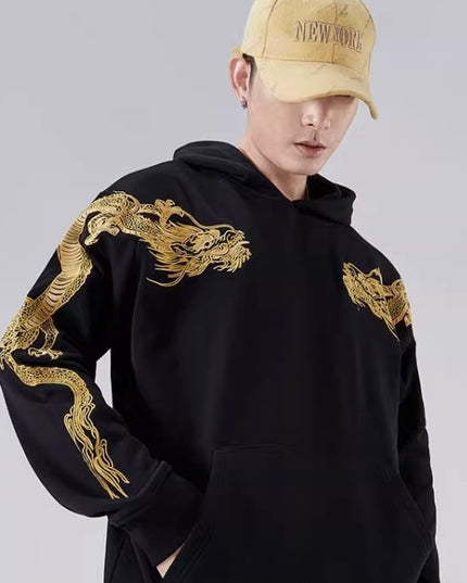 Autumn Winter High-end Hoodie Men's Pure Cotton Golden Dragon Embroidery Loose Hooded Trend Coat