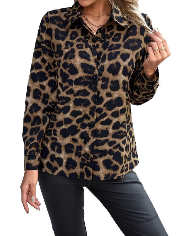 Leopard Print Collar Buckle Women's Casual Long-sleeved Shirt