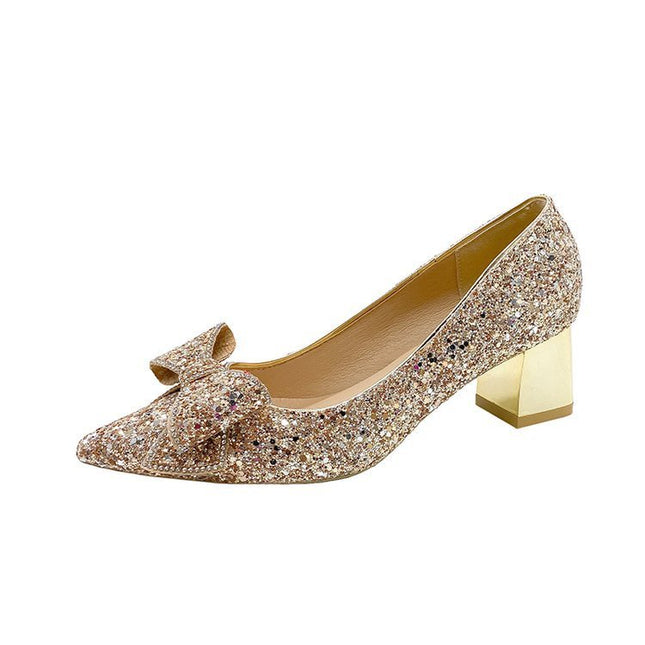 Crystal Sequins Wedding Xiuhe Chunky Heel Pointed-toe Shoes