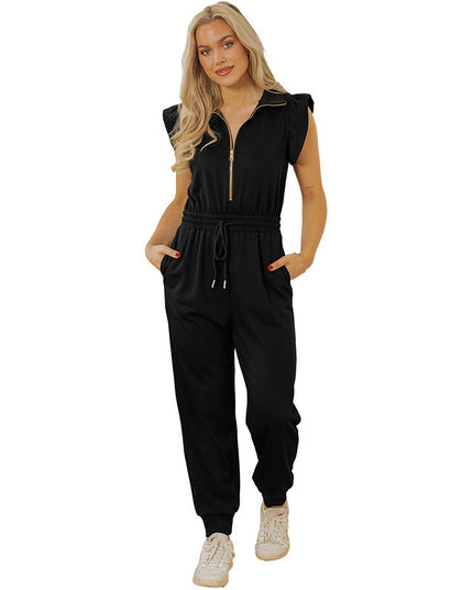 Women's Pure Color Casual Versatile High Waist Multi-pocket Jumpsuit