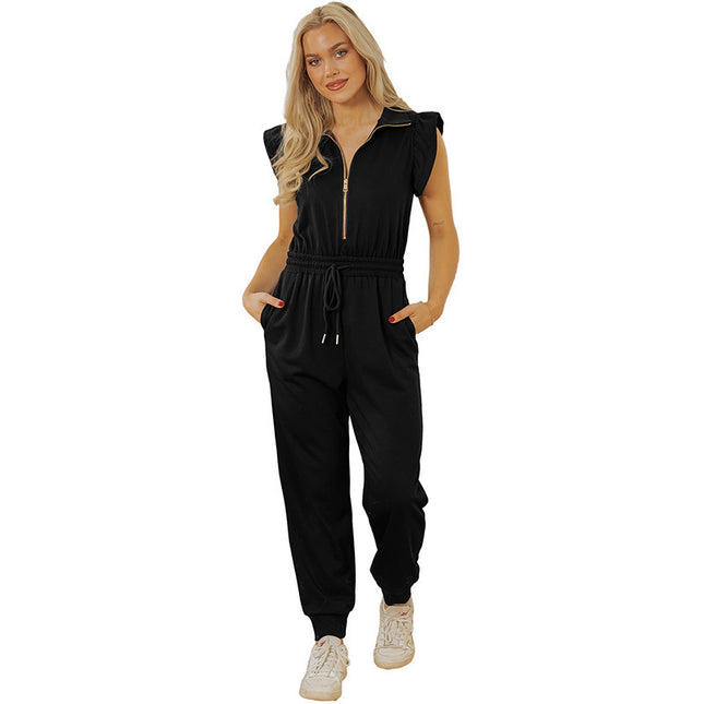 Women's Pure Color Casual Versatile High Waist Multi-pocket Jumpsuit