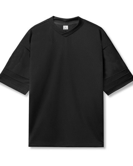 Quick-drying Solid Color Drop Shoulder Mesh V-neck Short Sleeve