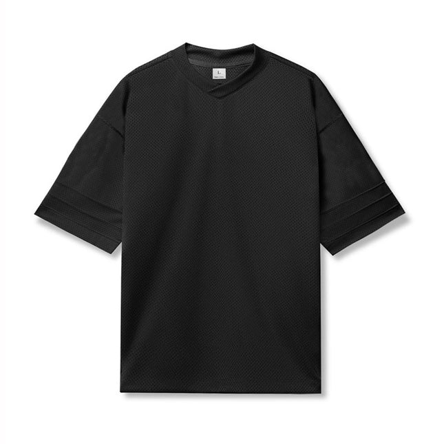 Quick-drying Solid Color Drop Shoulder Mesh V-neck Short Sleeve