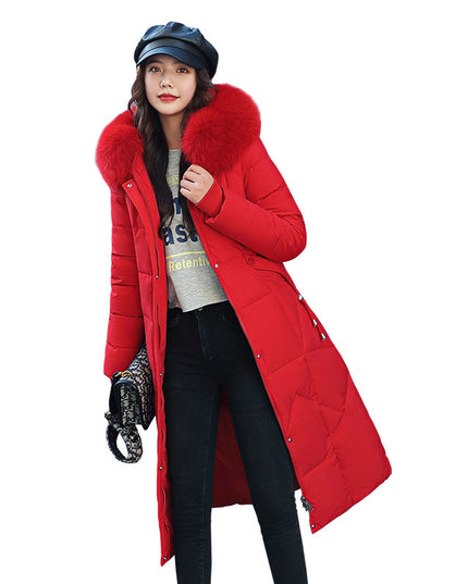 Waist-in-knee Padded Quilted Jacket With Thick Fur Collar