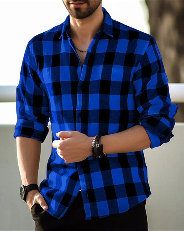 European And American Long Sleeve Loose 3D Personalized Printed Plaid Design Striped Shirt