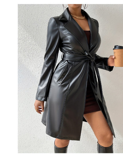 PU Long Sleeve Women's Slim Fit Long Trench Coat
