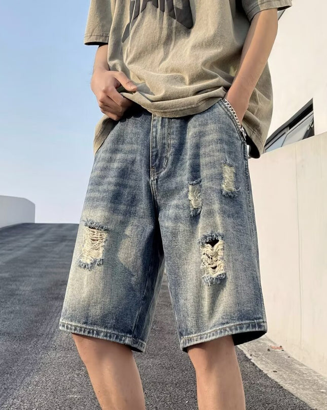 American-style Retro Tattered Jeans Men's Shorts Denim