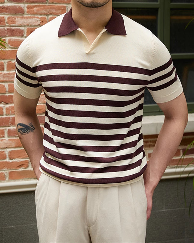 Lapel Lyocell Short Sleeve Fashion Breathable Stripes Polo Shirt