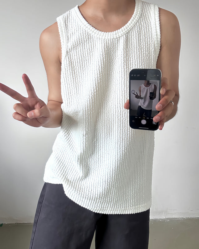 Casual Loose Sunken Stripe Sleeveless T-shirt Solid Color Top