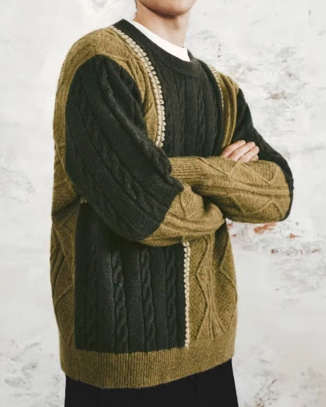 Men's Retro Casual Contrast Color Patchwork Round Neck Knitwear