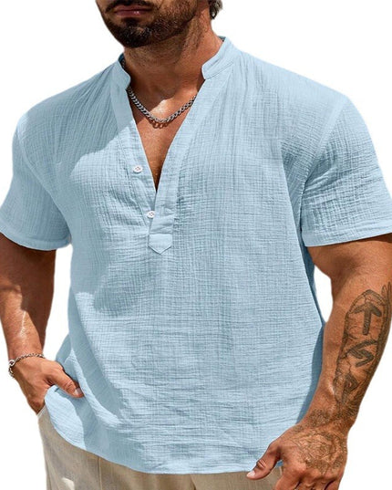 Men's Cotton And Linen Double-layer Solid Color Cuban Collar Short Sleeve Shirt