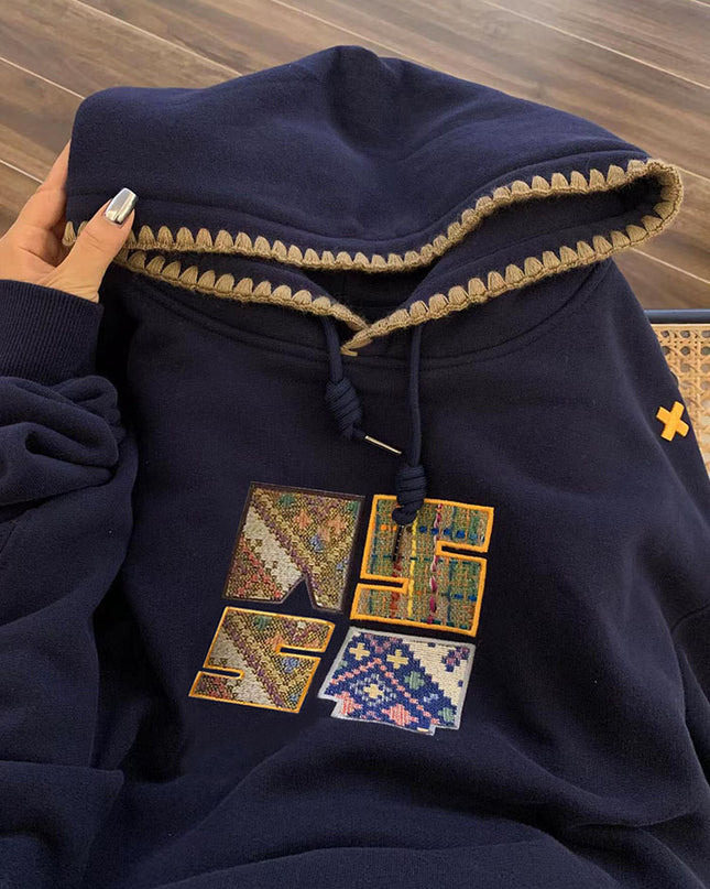 Retro Ethnic Style Woven Patch Versatile Loose Hooded Sweater