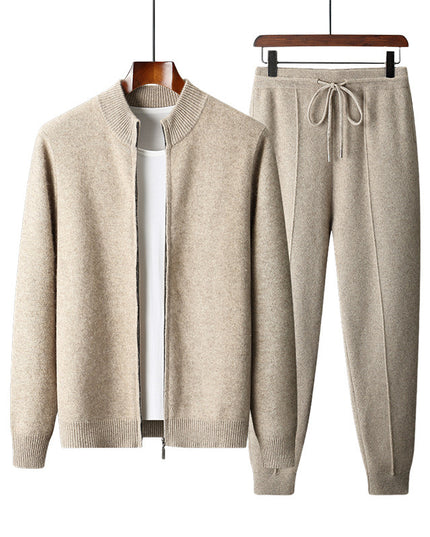 Wool Cardigan Men's Stand Collar Zipper Knitted Sweater Coat Warm And Loose Cashmere Pants Men