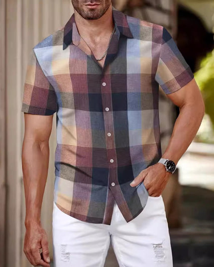 Plaid Shirt Men's Short Sleeve Fashion Korean Style Green