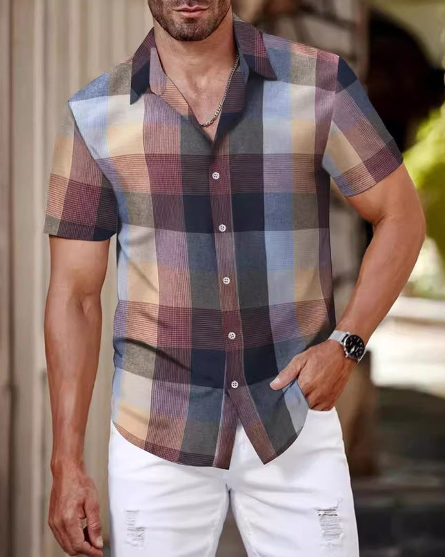 Plaid Shirt Men's Short Sleeve Fashion Korean Style Green