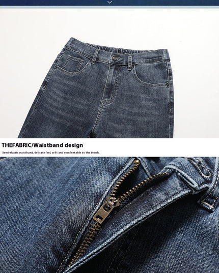 Men's Casual Half Elastic Waist Stretch Denim Trousers