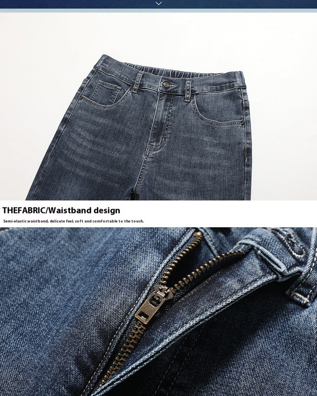Men's Casual Half Elastic Waist Stretch Denim Trousers