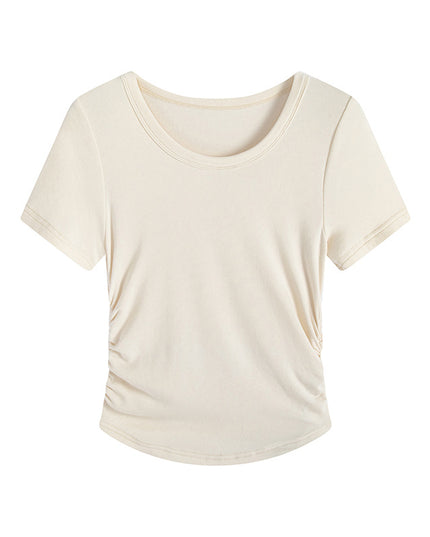 Plus Size Pleating Midriff Outfit High Elastic Bottoming Shirt Short Sleeve T-shirt