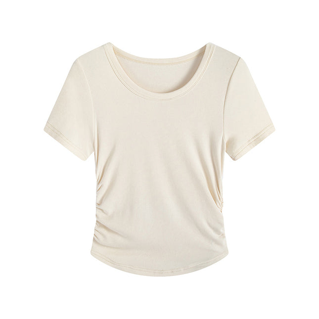 Plus Size Pleating Midriff Outfit High Elastic Bottoming Shirt Short Sleeve T-shirt