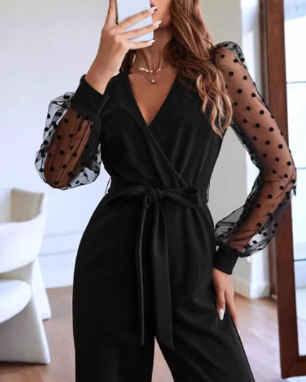 Fashion V-neck Women's Lace Long Sleeve Jumpsuit Belt Elegant Clothing