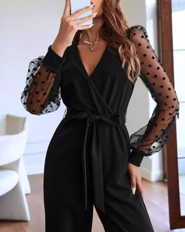 Fashion V-neck Women's Lace Long Sleeve Jumpsuit Belt Elegant Clothing