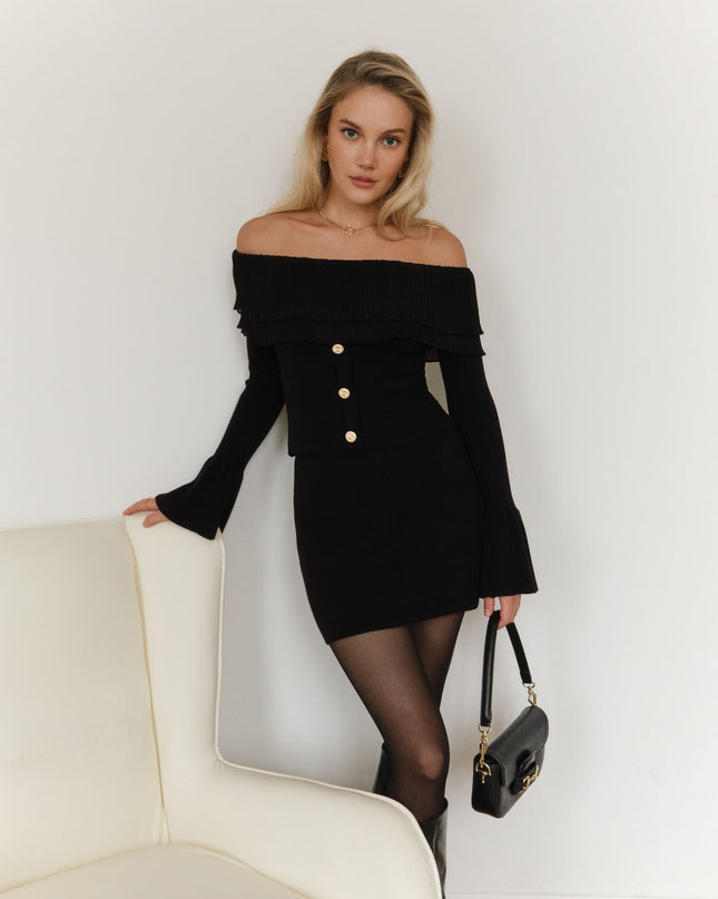 Off-shoulder Collar Long Sleeve Clinch Splicing Knitwear