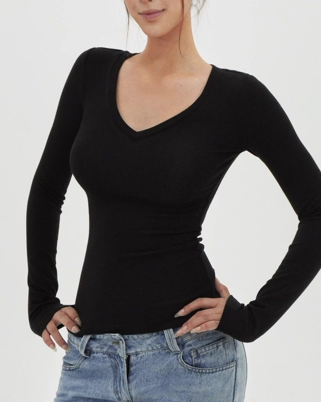 American Hot Girl Delicate V-neck Shoulder Long Sleeve T-shirt