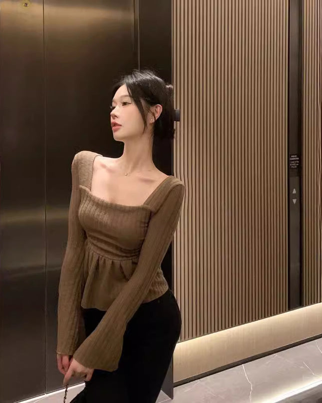 Pure Desire Apricot Hem Square Collar Long Sleeve Top