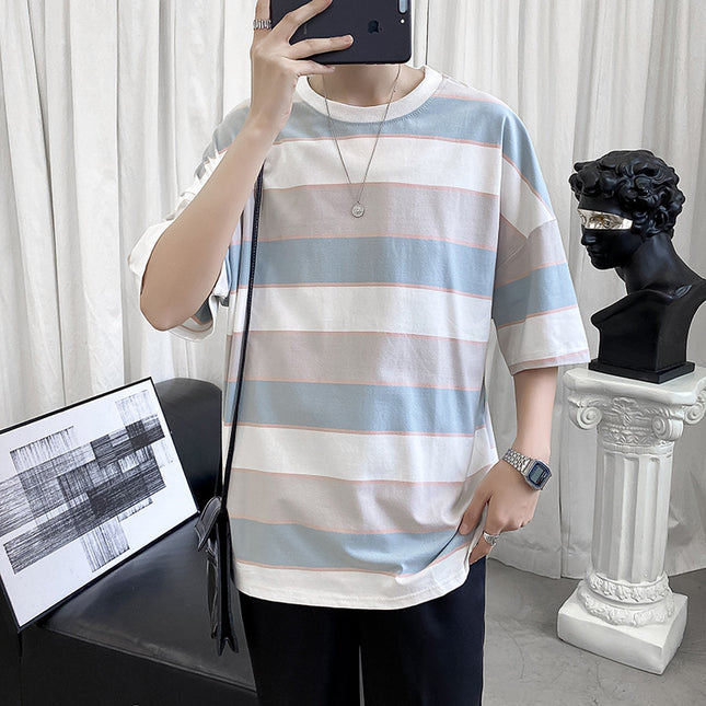Striped Short-sleeved T-shirt Boys Hong Kong Style Couple Half-sleeved Ins Bottoming Shirt