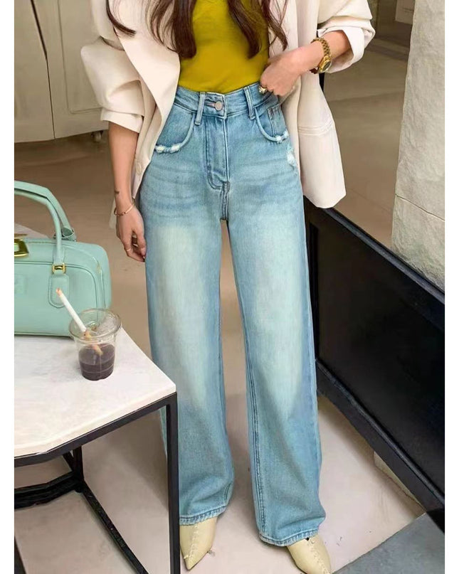 Ripped Narrow Version Wide-leg Loose Drape Mopping Pants Hot Girl High Waist Women's Straight Denim Trousers