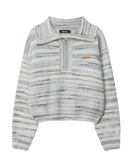 Lapel Short Sweet Half Zip Sweater For Women Striped Minimalist