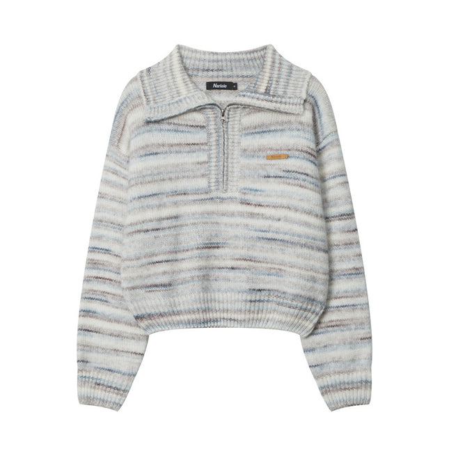 Lapel Short Sweet Half Zip Sweater For Women Striped Minimalist