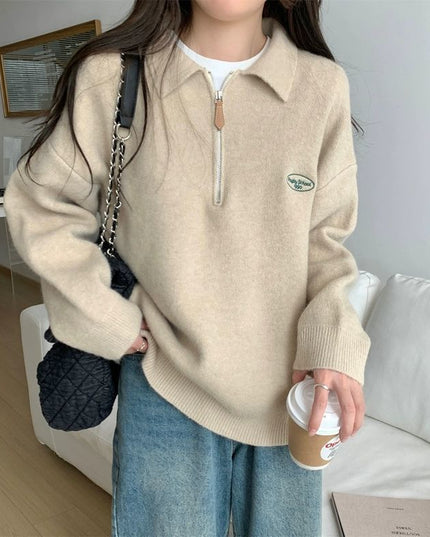Korean Style Simple Polo Collar Zipper Inner Knitted Sweater